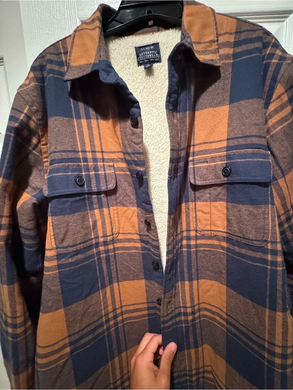 J. Crew Orange & Navy Plaid Sherpa-Lined Shirt Jacket